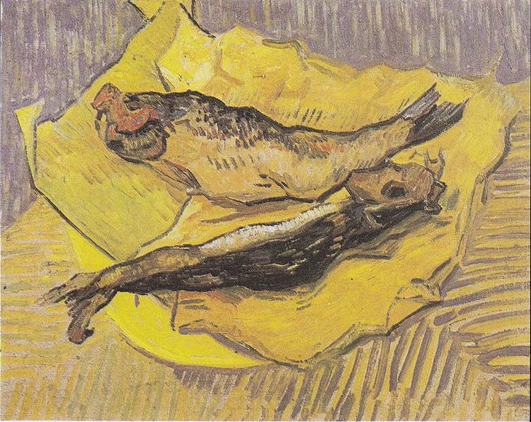 Vincent Van Gogh Still Life with smoked herrings on yellow paper